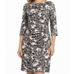 racy Reese Silk Rose Print Dress Ruched Boatneck Womens 8 Gray 3/4 Sleeve Sheath